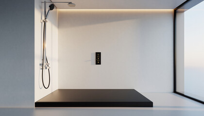 Modern bathroom shower stall with minimalist design and sleek black shower base, bright ambient lighting