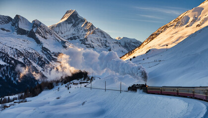 Captivating Alpine Avalanche Near a Vintage Train in a Sun-Kissed Snowy Mountain Landscape, Showcasing Nature's Raw Power and Beauty