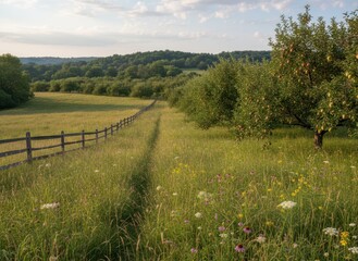 Obraz premium Peaceful Rural Landscape with Lush Green Fields and Apple Trees
