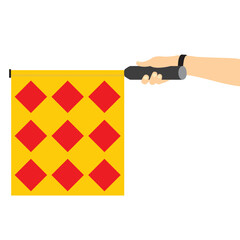 Flat vector illustration of a soccer - football assistant referee flag with red diamond pattern isolated on a white background. Concept of football officiating, linesman signaling, sports rules