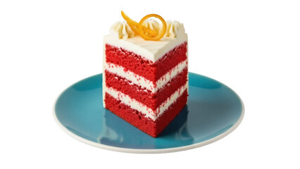 Delicious red velvet cake slice isolated PNG, layered dessert with cream cheese frosting and orange zest on a blue plate for patisserie concepts