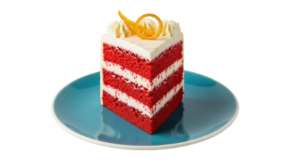 Delicious red velvet cake slice isolated PNG, layered dessert with cream cheese frosting and orange zest on a blue plate for patisserie concepts