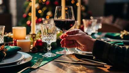 A hand holding a glass of red wine at a beautifully set Christmas dinner table with festive decorations