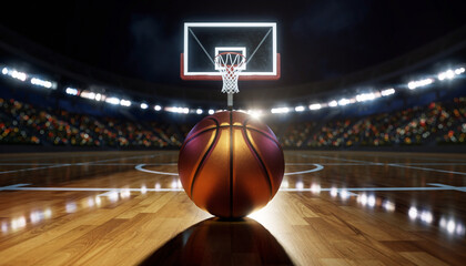 Professional basketball arena with glowing court and hoop, ready for intense game action