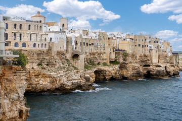 Panoramic view of Polignano a Mare, panorama of the waterfront and the buildings of the old town, Puglia, Italy