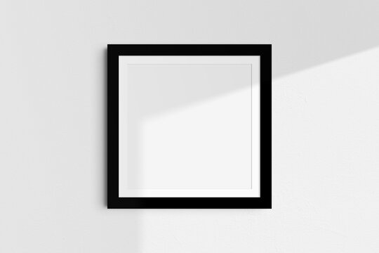 Frame mockup 1:1 square. Single thick black frame mockup. Clean, modern, minimalist, bright. Square frame mockup with a passepartout mat opening. Shadow overlay.