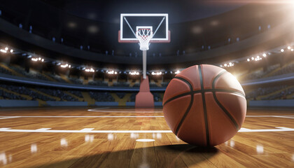 Basketball game in arena with stadium lights on a wooden court with basketball hoop and ball, sports competition