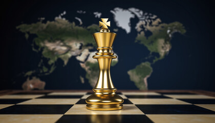Golden King Chess Piece Dominating on a Chessboard with a World Map Backdrop