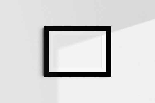 Horizontal frame mockup 7:5, 70x50, A4, A3, A2, A1 landscape. Single black frame mockup. Clean, modern, minimalist, bright. Passepartout/mat opening in 3:2 aspect ratio. Shadow overlay.