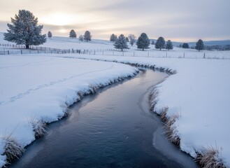 Obraz premium Serene Winter Landscape with Snowy River and Pine Trees at Dawn