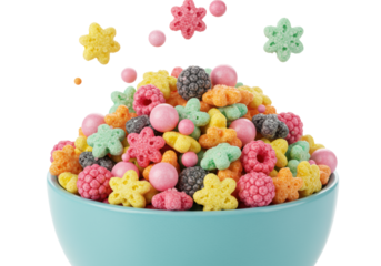 Hyperdetailed, highly saturated star and raspberry sugary breakfast cereal overflowing from a glossy turquoise ceramic bowl on a transparent background, concept for playful food advertising