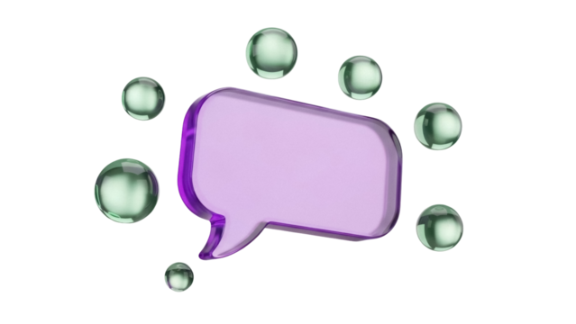 Purple speech bubble PNG isolated on transparent background, 3D rendering message icon for social media and communication design - Powered by Adobe