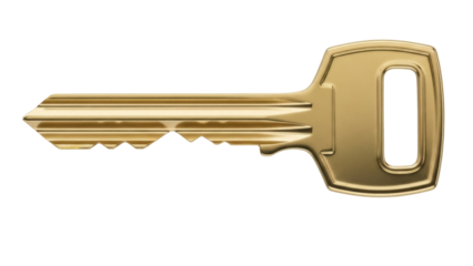Shiny golden key PNG isolated on transparent background, security and access concept for graphic design and web projects