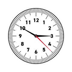 Mechanical clock face with arabic numerals, bezel. Watch dial with minute, hour marks and numbers. Timer or stopwatch element. Blank measuring circle scale with divisions. Vector illustration