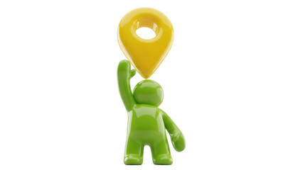 Green toy figure holding yellow location pin PNG isolated on transparent background, navigation and travel concept for maps and directions