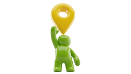 Green toy figure holding yellow location pin PNG isolated on transparent background, navigation and travel concept for maps and directions
