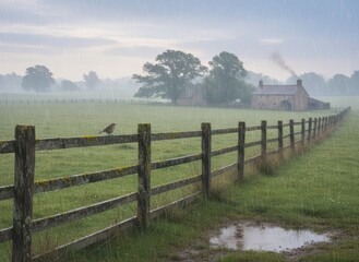 Fototapeta premium Serene Rainy Landscape with House and Fencing Under Heavy Rain