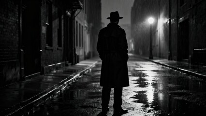 silhouette of a noir detective in street looking away, monochrome