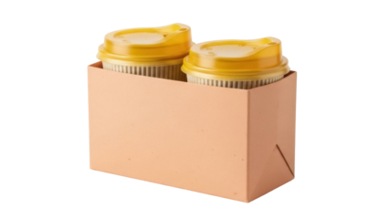 Two coffee cups with yellow lids in a cardboard carrier isolated PNG, takeaway beverage for delivery and catering services