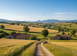 Fototapeta premium Serene Rural Landscape with Rolling Hills and Farm Structures