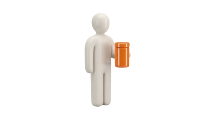 Clay figure holding orange medicine bottle isolated PNG, 3D render of person with medication for health and wellness concepts
