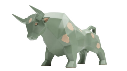Geometric bull figurine in sage green isolated PNG, polygonal animal sculpture on transparent background for modern design projects