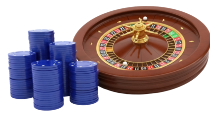 Casino roulette wheel and blue poker chips isolated PNG, gambling game equipment on transparent background for betting and chance concepts
