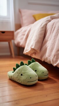 Cute green dinosaur slippers placed beside a cozy bed with soft pink bedding, adding a playful touch to the bedroom decor and inviting comfort and warmth