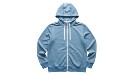 Light blue hooded sweatshirt isolated PNG on transparent background, casual zip-up hoodie for fashion apparel and comfortable clothing