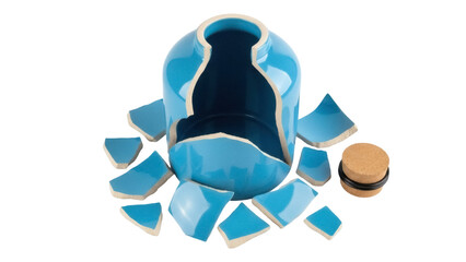 Broken light blue ceramic vase with cork lid isolated PNG, shattered pottery pieces for repair or...