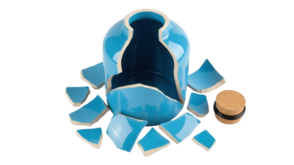 Broken light blue ceramic vase with cork lid isolated PNG, shattered pottery pieces for repair or recycling concept on transparent background