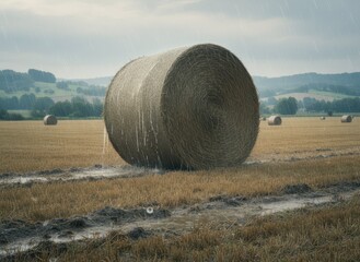 Rainy Day in the Countryside with Hay Bales on a Field