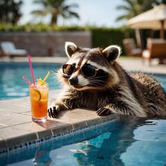 Raccoon enjoys a cocktail while cooling off in the pool