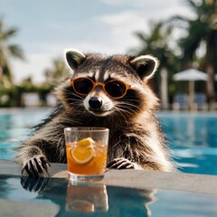 Raccoon on vacation enjoys a pool and a cocktail