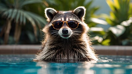 Raccoon on vacation at a luxury resort