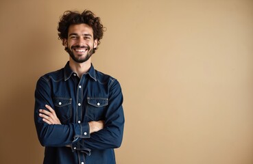 Obraz premium Smiling man with curly hair wears denim shirt. Stands with arms crossed, looking confidently at camera. Simple background highlights friendly appearance. Good mood, positive vibe, pro portrait.
