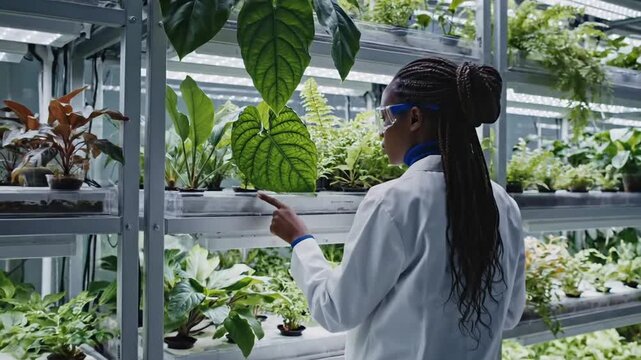 Scientist in White Lab Coat and Goggles Inspecting Lush Green Plants on Vertical Shelves Under Bright LED Lights in a Modern Indoor Botanical Research Facility.