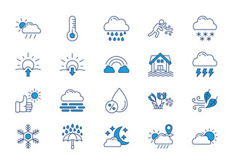 Obraz premium Weather thin blue icon set. Containing temperature, sun, rain, wind, snow, sunrise, sunset, rainbow