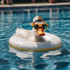 White duck with enjoying the pool on summer vacation