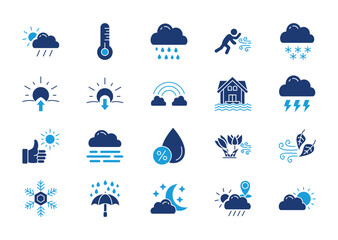 Obraz premium Weather thin solid icon set. Containing temperature, sun, rain, wind, snow, sunrise, sunset, rainbow