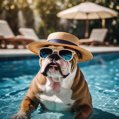 English bulldog with a straw hat and sunglasses in pool