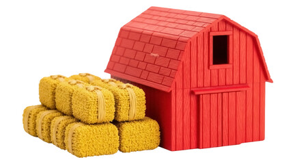 Red toy barn with yellow hay bales isolated PNG, miniature farm building and haystacks on...