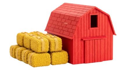 Red toy barn with yellow hay bales isolated PNG, miniature farm building and haystacks on transparent background, rural scene