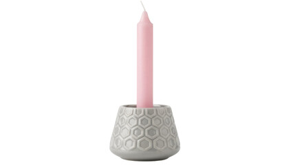 Pink taper candle in gray honeycomb ceramic holder isolated PNG, decorative accent for home decor...