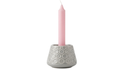 Pink taper candle in gray honeycomb ceramic holder isolated PNG, decorative accent for home decor and special occasions
