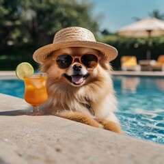 Pomeranian dog enjoys a cocktail and the swimming pool