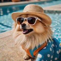 Pomeranian dog with a straw hat and sunglasses on summer vacation