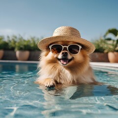 Pomeranian dog with a straw hat and sunglasses in pool
