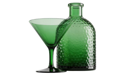 Elegant green glass bottle and martini glass isolated PNG, vintage glassware for barware and home...