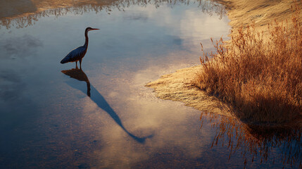 A serene scene of a heron standing in calm water, with its reflection visible. The bird is silhouetted against the sky